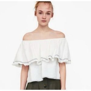Zara Linen White Off the Shoulder Ruffle Top NWT